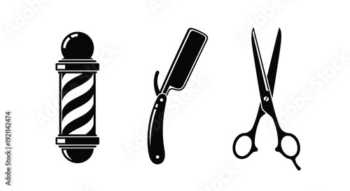 Barber tools including a pole straight razor and scissors silhouette