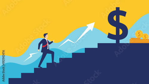 Ambitious businessman in a suit climbs a staircase towards a large dollar sign symbol to achieve financial success and career growth.