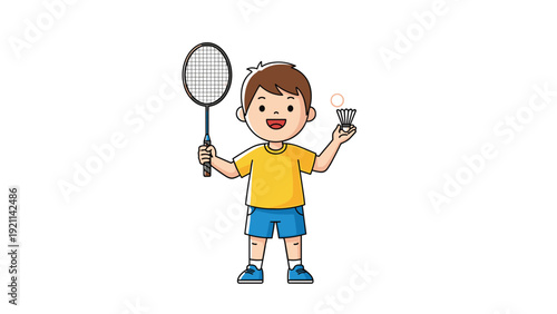 Cheerful young boy wearing a yellow t-shirt and blue shorts stands holding a badminton racket and a shuttlecock ready for a match.