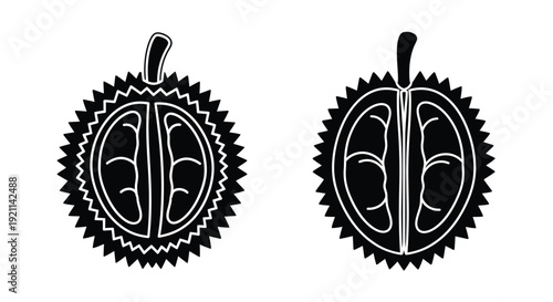 Two durian fruits depicted in a stark black silhouette