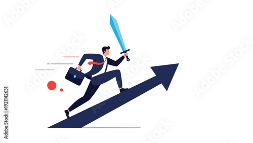 Brave businessman in a suit runs up a rising arrow while brandishing a sword and carrying a briefcase to conquer business challenges.
