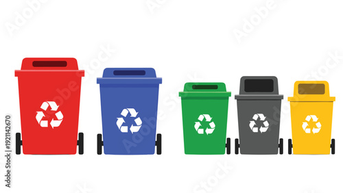 Set of five different colored recycling bins with symbols for sorting waste like paper, plastic, glass, metal, and organic material.