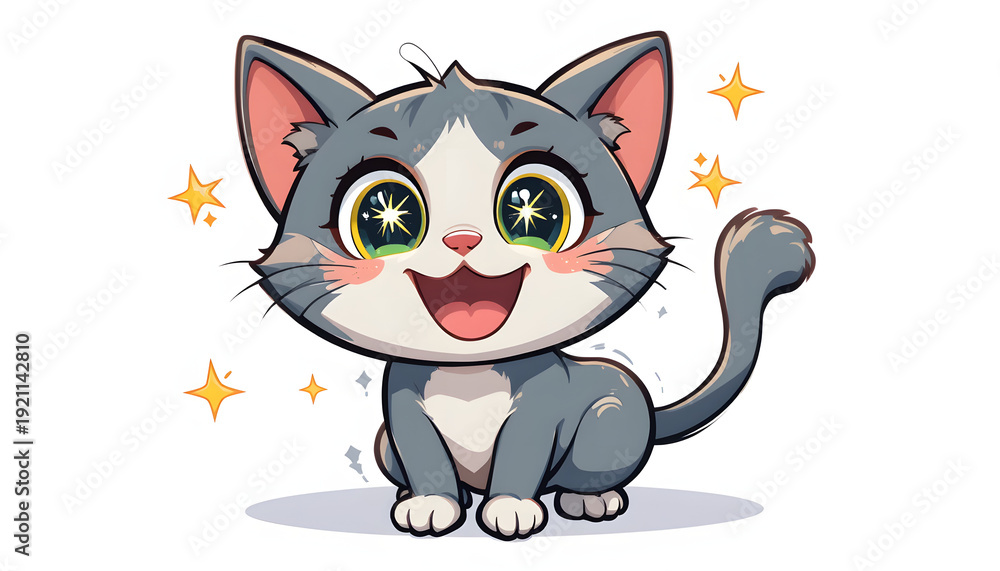 Fototapeta premium Cute cartoon kitten with sparkling eyes and joyful expression