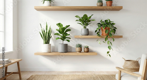 Schilderij op canvas Indoor plants on wooden shelves in a bright room with white walls and a chair