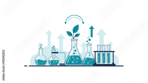 Science laboratory equipment including flasks and test tubes filled with blue liquid used for research and growing a plant.