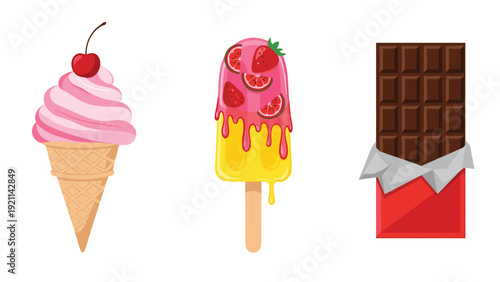 Trio of sweet desserts featuring a pink ice cream cone with a cherry, a fruit popsicle, and a wrapped chocolate bar.