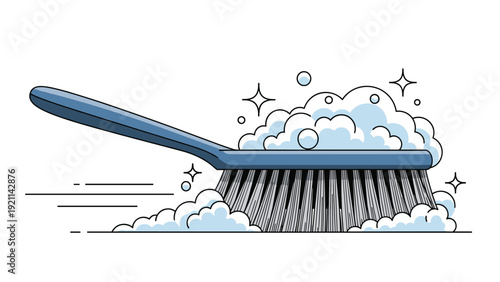 Blue cleaning brush moves quickly through a pile of white soap suds and bubbles leaving a clean trail behind it.