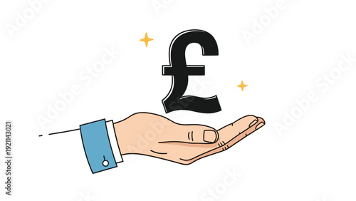 Businessman hand in blue sleeve holding black British pound sterling symbol with yellow stars on white background representing wealth.
