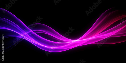 Dynamic abstract purple smoke and flowing wave lines create a bright fractal wallpaper design with blue motion curves and pink energy patterns on a dark black art backdrop