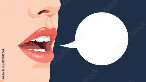 Close-up profile view of a woman's face with an open mouth and a blank white speech bubble for communication and dialogue.