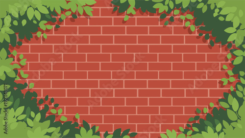 Red brick wall texture framed by lush green leaves and foliage on the edges creating a natural border for copy space or garden background.