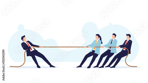 Group of diverse business professionals in suits engaged in a competitive tug of war game on a white background depicting corporate rivalry.