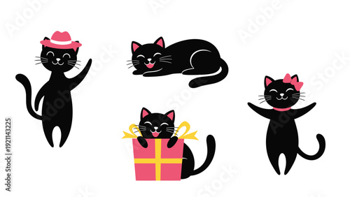 Set of cute black cartoon kittens in various playful poses including one wearing a pink hat and another sitting inside a wrapped gift box.