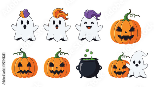 Collection of festive Halloween icons including spooky ghosts with colorful hair orange jack o lanterns and a bubbling green potion cauldron.