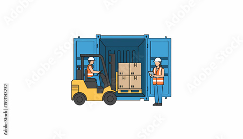 Workers loading boxes with a forklift into a shipping container, illustrating logistics and supply chain operations.