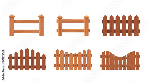 Variety of wooden fence sections in different designs and shapes for garden borders and backyard property security flat vector illustration.