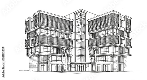 Detailed architectural sketch of a modern multi-story office building with large windows and a central glass facade.