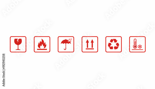 Red packaging and handling symbols for fragile, flammable, keep dry, this way up, recycle, and temperature control.