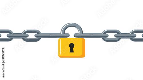Strong metal chain secured with a large bright yellow padlock on a white background representing high security data protection and safety.