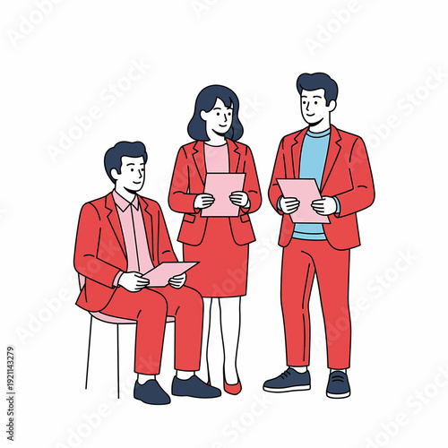 Three business professionals in red suits discussing documents in a meeting setting.