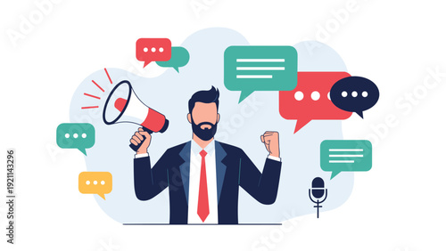 Professional man in a business suit holding a megaphone surrounded by colorful speech bubbles and communication icons for public speaking.