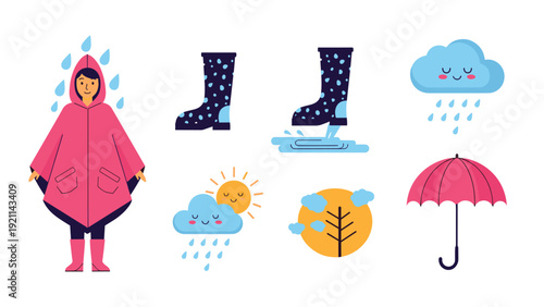 Set of rainy day weather icons including a girl in a pink raincoat clouds with rain and sun yellow sun and a pink umbrella for autumn themes.