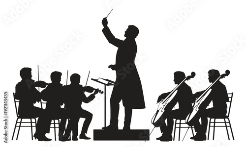 Silhouette of orchestra conductor and musicians playing violins and cello on stage with music stands