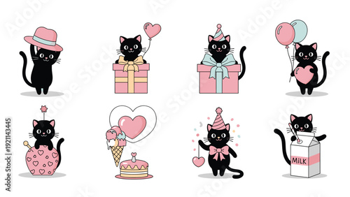 Cute black cartoon cats celebrating with various party items like pink gifts balloons ice cream and cake for birthday and holiday themes.