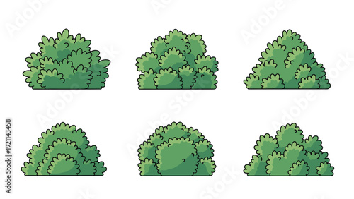 Collection of six different green garden bush illustrations in various shapes for landscaping and outdoor environment design projects.