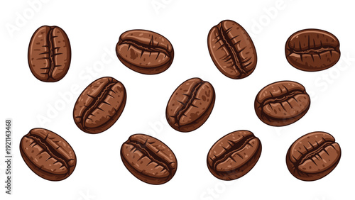 Eleven high quality roasted coffee beans scattered randomly on a plain white background suitable for coffee product branding or cafe menus.