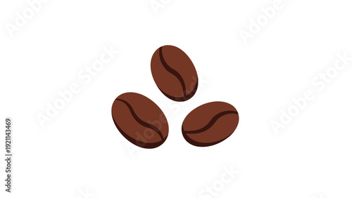 Three simple dark brown roasted coffee beans arranged in a group on a white background representing premium quality coffee and aroma.
