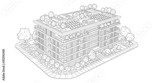 Detailed line drawing of a modern green building with rooftop solar panels and extensive landscaping.