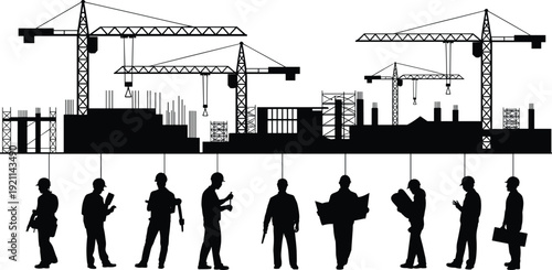 Construction site, tower cranes, building structure, engineering project, silhouette vector illustration, workforce, teamwork, industry, laborers, scaffolding, 