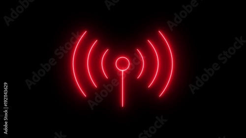 glowing neon antenna signal icon isolated on black background. antenna with radio waves. wireless signal and network, Wifi internet, broadcast signal and telecom tower, cellular communication.