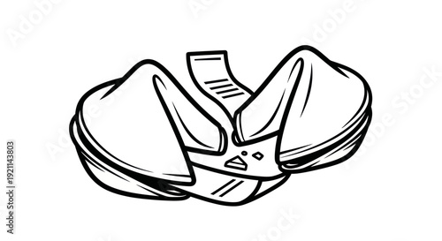 Fortune Cookie with Paper Slip - Black and White Line Art