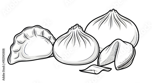 Hand Drawn Chinese Food: Dumplings, Bao Buns, Fortune Cookie