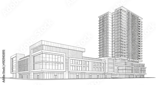 Detailed architectural line drawing of a modern high-rise building complex with commercial and residential sections.