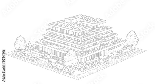 Isometric line drawing of a modern terraced building with surrounding landscaping.