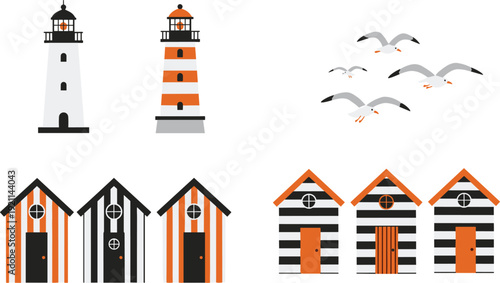 Flat vector illustration set of coastal elements featuring red and white lighthouses striped beach huts and seagulls in flight for nautical and summer travel design.