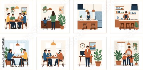 Cozy Home Interior Scenes Collection with Family Activities, Dining, Cooking and Working from Home Vector Illustration Set