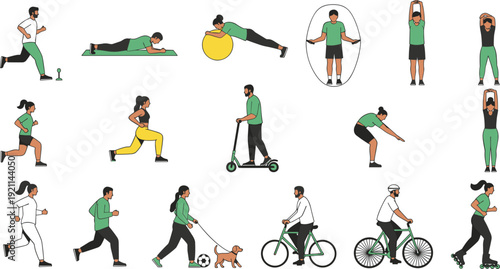 People Exercising and Outdoor Fitness Activities Collection with Running, Cycling, Jump Rope and Workout Poses Vector Illustration Set