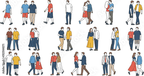 Couples Walking Together Collection with Men and Women in Love, Romantic Partner Poses and Everyday Lifestyle Vector Illustration Set