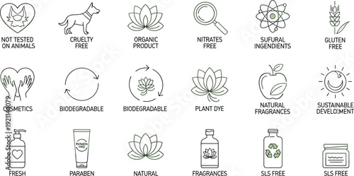 Natural Cosmetic and Organic Product Line Icons Set with Cruelty Free, Paraben Free and Biodegradable Labels Vector Illustration