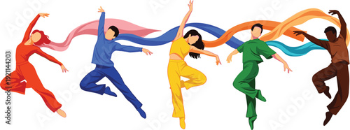 Contemporary Dancers Jumping with Flowing Colorful Fabric, Modern Dance Performance Movement and Artistic Expression Vector Illustration