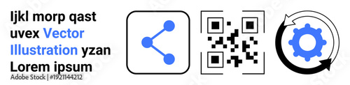 Technology integration, networking, digital tools, automation, QR code scanning, connectivity. Share icon, QR code circular gear symbol in black and blue colors. Networking and digital tools concept