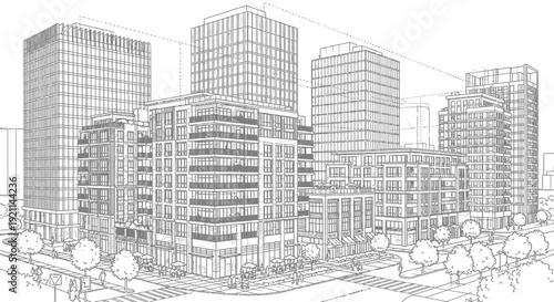 Detailed architectural line drawing illustrating a modern urban cityscape with multiple high-rise buildings and street-level structures.