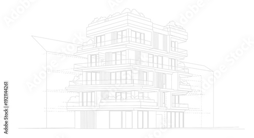 Wireframe architectural drawing of a modern multi-story building with multiple balconies and windows on a white background.