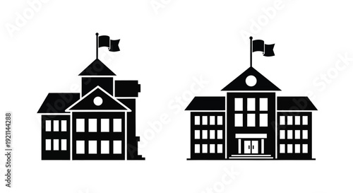 Two building silhouettes with flags a stark graphic representation silhouette