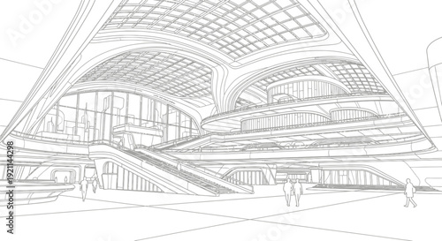 Detailed architectural line drawing of a modern, multi-level public building interior with escalators and large windows.