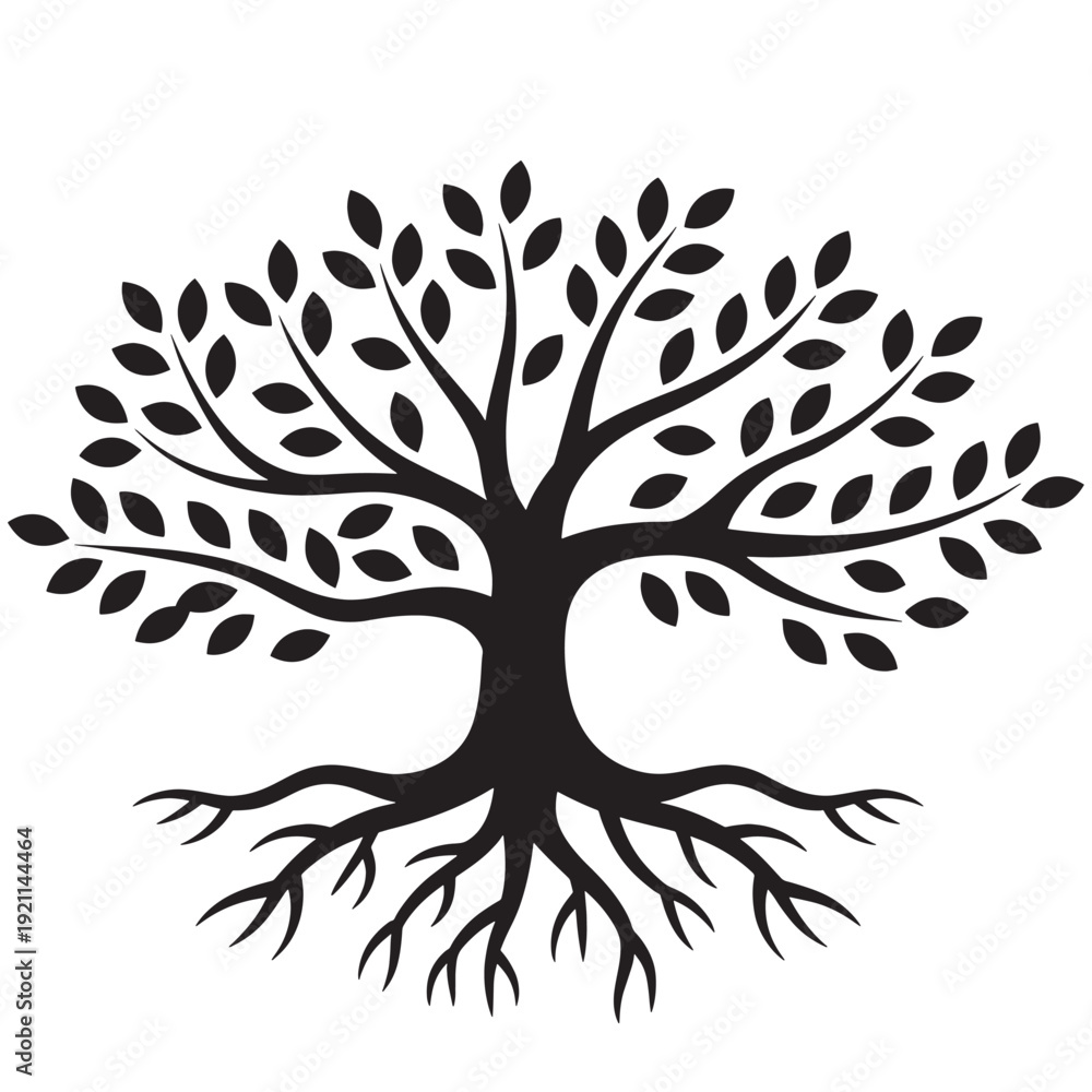 Obraz premium Tree silhouette with roots and leaves on white background black tree icon with branches and leafy canopy